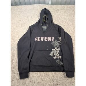 SEVEN7 Women's Black Graphic Hoodie Floral Print V Neck Long Sleeve Size L
